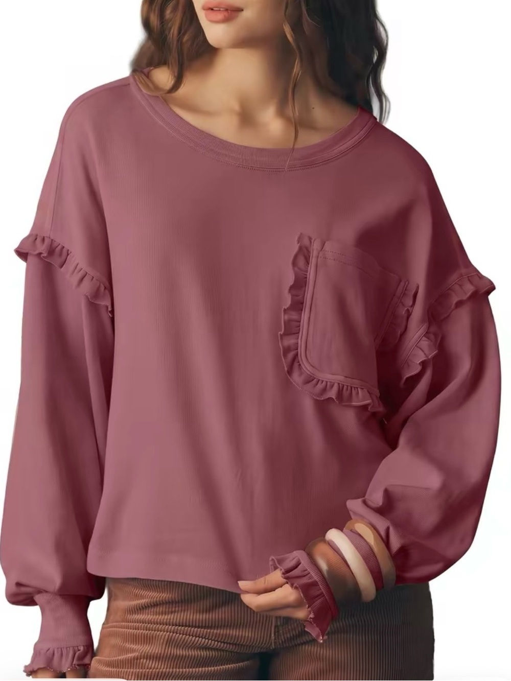 Ruffle Pocket Long-Sleeve Sweatshirt Top - Dusty Rose